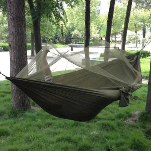 Mandotos Bug-Free Camp Hammock made of durable 210T nylon fabric, designed to keep insects away for peaceful outdoor relaxation.