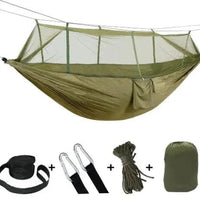 Mandotos bug-free camp hammock made of durable 210T nylon fabric, designed for outdoor relaxation without insects.