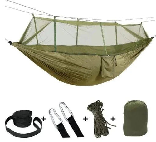 Mandotos bug-free camp hammock made of durable 210T nylon fabric, designed for outdoor relaxation without insects.