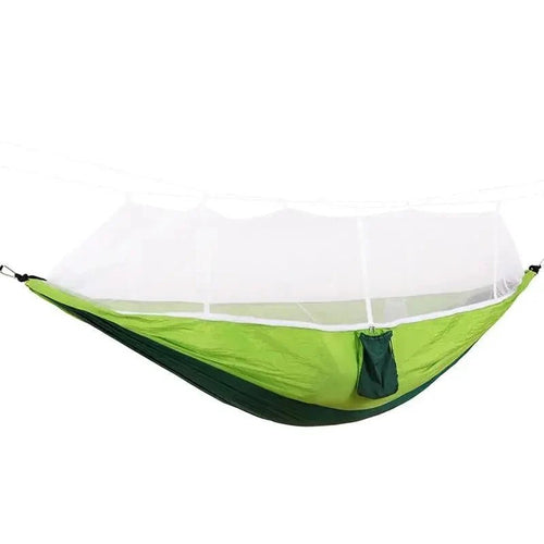 Mandotos bug-free camp hammock made of durable 210T nylon fabric, designed to keep insects away for a peaceful outdoor rest.