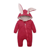 Mandotos Bunny Ear Baby Onesie with cute bunny ear hood, soft fabric, and playful design for infants.
