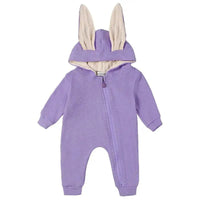 Mandotos Bunny Ear Baby Onesie with cute bunny ear hood, soft fabric, perfect for infants and adorable outdoor wear.