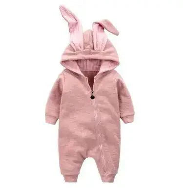 Soft pink Bunny Ear Baby Onesies from MANDOTOS featuring adorable bunny ear hood and cozy fabric for infants.