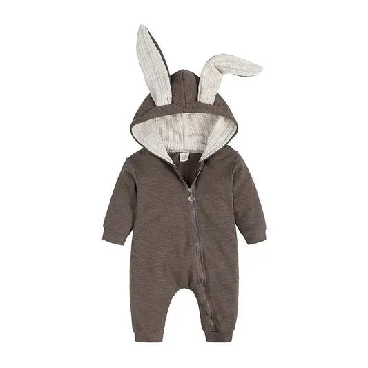 Pink bunny ear baby onesie by MANDOTOS, featuring soft fabric and adorable bunny ear hood for infants.
