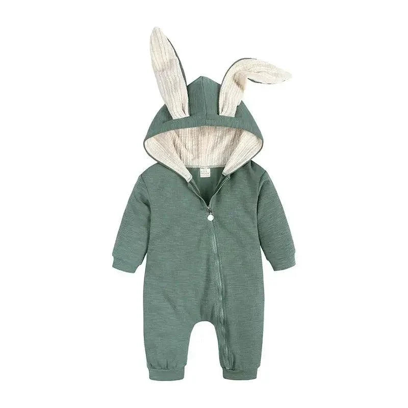 Pink bunny ear baby onesie by MANDOTOS, featuring soft fabric and adorable bunny ear hood for infants.