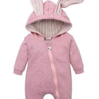 Pink bunny ear baby onesie from MANDOTOS featuring soft fabric and adorable bunny ear hood for infants.