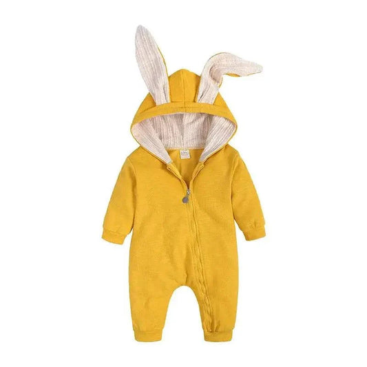 Mandotos Bunny Ear Baby Onesie featuring adorable bunny ear hood and soft fabric for comfortable infant wear.