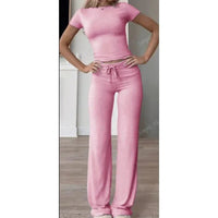 Mandotos casual solid 2-piece T-shirt and pants set for comfortable everyday wear, featuring a simple T-shirt and matching pants.