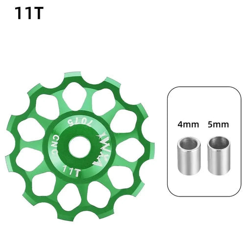 Mandotos ceramic bicycle guide wheel for rear derailleur, bearing axis adapter, bike guide roller, jockey wheel 10T-17T, close-up view.