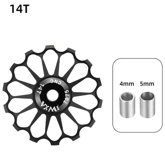 Mandotos ceramic bicycle guide wheel with rear derailleur bearing axis adapter and jockey wheel, size 10T-17T, for bike derailleur.