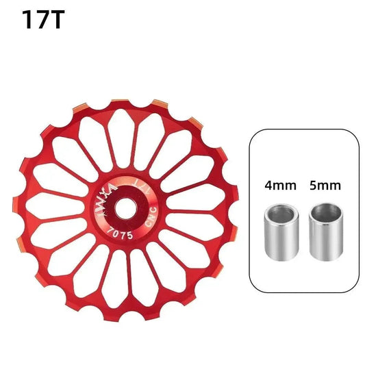 Ceramic bicycle guide wheel for rear derailleur, bearing axis adapter, jockey wheel, 10T-17T, by MANDOTOS, showing detailed roller and mount
