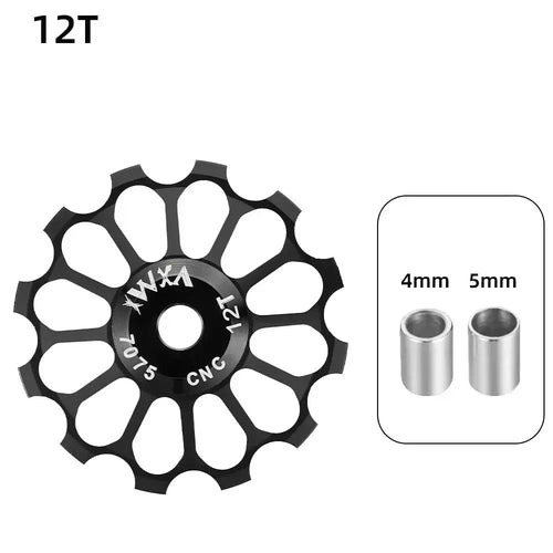Mandotos ceramic bicycle guide wheel with rear derailleur bearing axis adapter and jockey wheel for 10T-17T gear range.