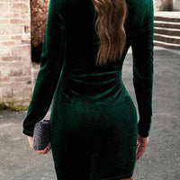 Black Chic Bodycon Mini Dress by MANDOTOS, fitted style with long sleeves and a sweetheart neckline, perfect for stylish occasions.