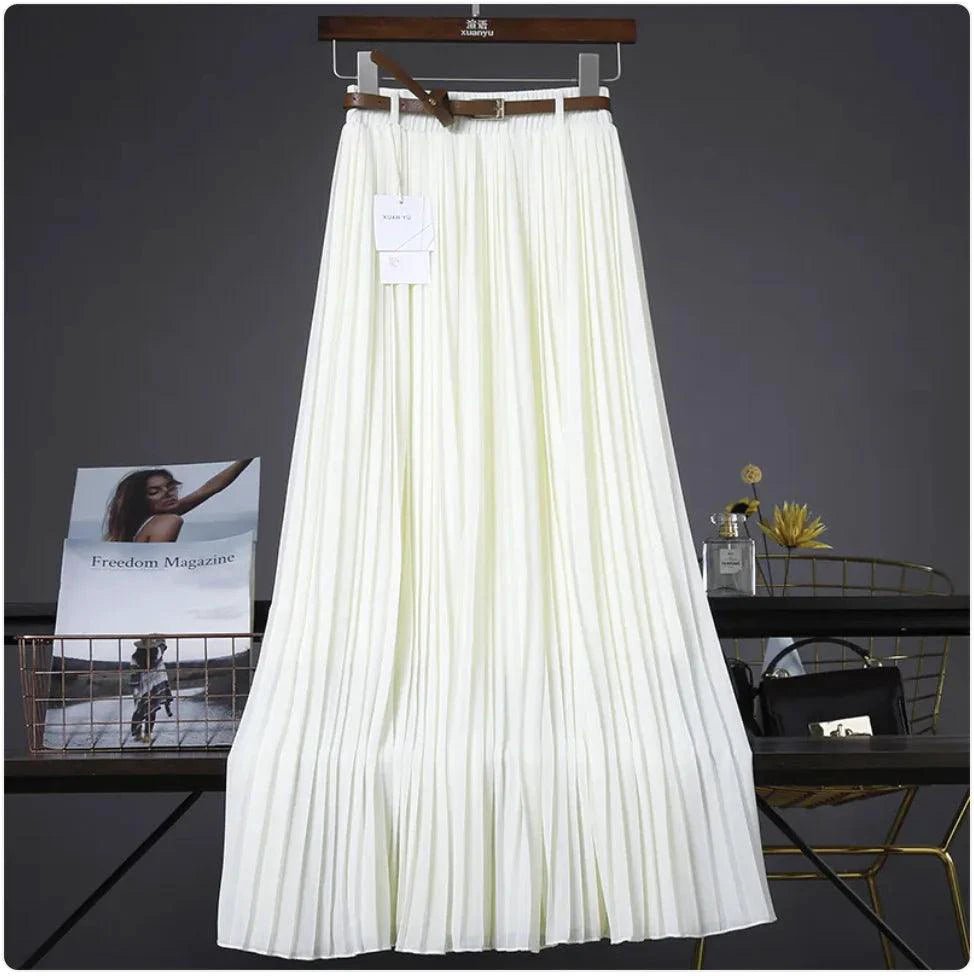 Mandotos Chic & Grace pleated chiffon skirt with flowing fabric, showcasing elegant movement and lightweight, feminine style.