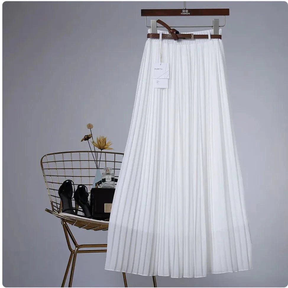 Mandotos Chic & Grace pleated chiffon skirt showcasing flowing fabric and elegant pleats for a stylish, effortless look.