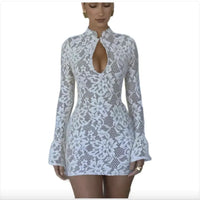 Mandotos chic hollow-out bell sleeve dress featuring stylish cutouts and flowing fabric, perfect for elegant occasions.