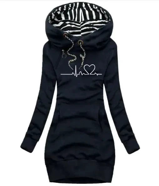 Mandotos chic hooded sweatshirt dress with long sleeves and casual fit, perfect for comfortable everyday wear.