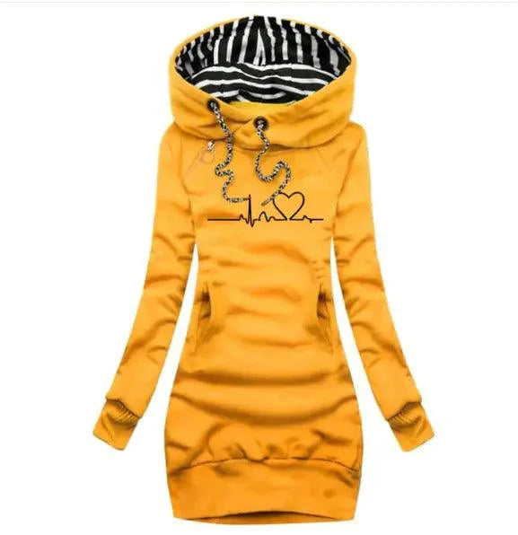 Mandotos chic hooded sweatshirt dress with a relaxed fit, featuring a hood, long sleeves, and soft fabric for casual comfort.