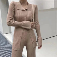 Mandotos chic knit collared ensemble featuring a stylish knit top and matching bottom in soft, cozy fabric.