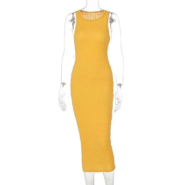 Mandotos Chic Knitted Tank Sweater Dress displayed on a mannequin, featuring a fitted design and ribbed knit texture.