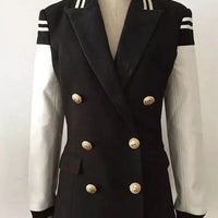 Mandotos chic leather blazer coat with tailored fit, featuring a sleek design and classic lapel, perfect for stylish outerwear.