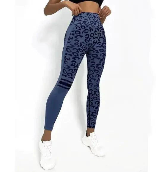 Mandotos chic leopard print high-rise yoga tights shown on a model, featuring a snug fit and stylish pattern for activewear.