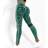 Mandotos chic leopard print high-rise yoga tights laid flat, showcasing their stylish design and comfortable fit for active wear.