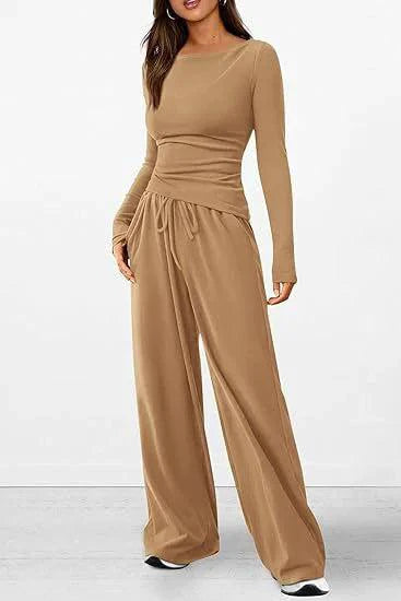 Mandotos chic long-sleeve trousers set featuring a stylish top and matching trousers, perfect for casual or semi-formal wear.