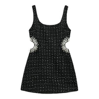 Mandotos chic off-shoulder mini dress showcasing a stylish, fitted design with short sleeves and a flared hem.