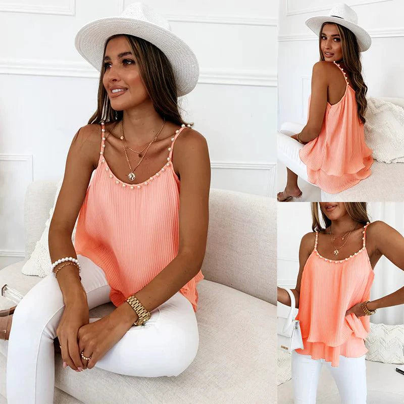 Mandotos Chic Pearl Pleated Tank Top featuring elegant pleats and pearl accents, perfect for a stylish casual look.