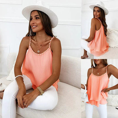 Chic Pearl Pleated Tank Top - MANDOTOS