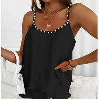 Mandotos Chic Pearl Pleated Tank Top featuring pearl accents and a stylish pleated design, perfect for casual or dressy wear.