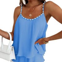 Mandotos Chic Pearl Pleated Tank Top featuring a stylish pleated design and pearl accents, perfect for casual or dressy outfits.