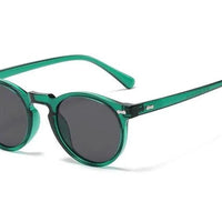 Mandotos chic round UV-block sunglasses with black frames and dark tinted lenses, stylish and protective for sunny days.