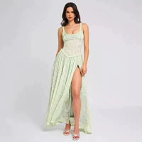 Mandotos chic v-neck lace sundress with floral pattern, sleeveless design, and lightweight fabric perfect for summer wear.