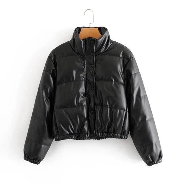 Mandotos chic winter PU leather jacket featuring a stylish design, tailored fit, and smooth texture for a fashionable look.