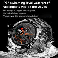 Mandotos Circle Elite Smart Watch with round face, black band, and digital display showing fitness metrics and time.