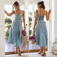 Mandotos CitySleek denim midi dress displayed on a hanger, showcasing its stylish design and classic denim fabric.