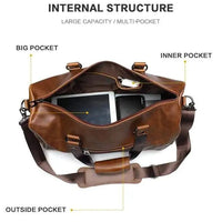 Mandotos classic leather duffel bag with sturdy handles and spacious interior, ideal for travel and weekend trips