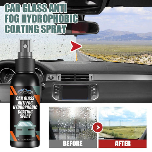 Mandotos ClearView Auto Glass Repellent bottle showing the outdoor spray on a car windshield for improved visibility.