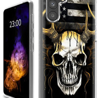 Mandotos ClearView DualGuard case with bold American flag and skull design for Samsung A13 5G phone.