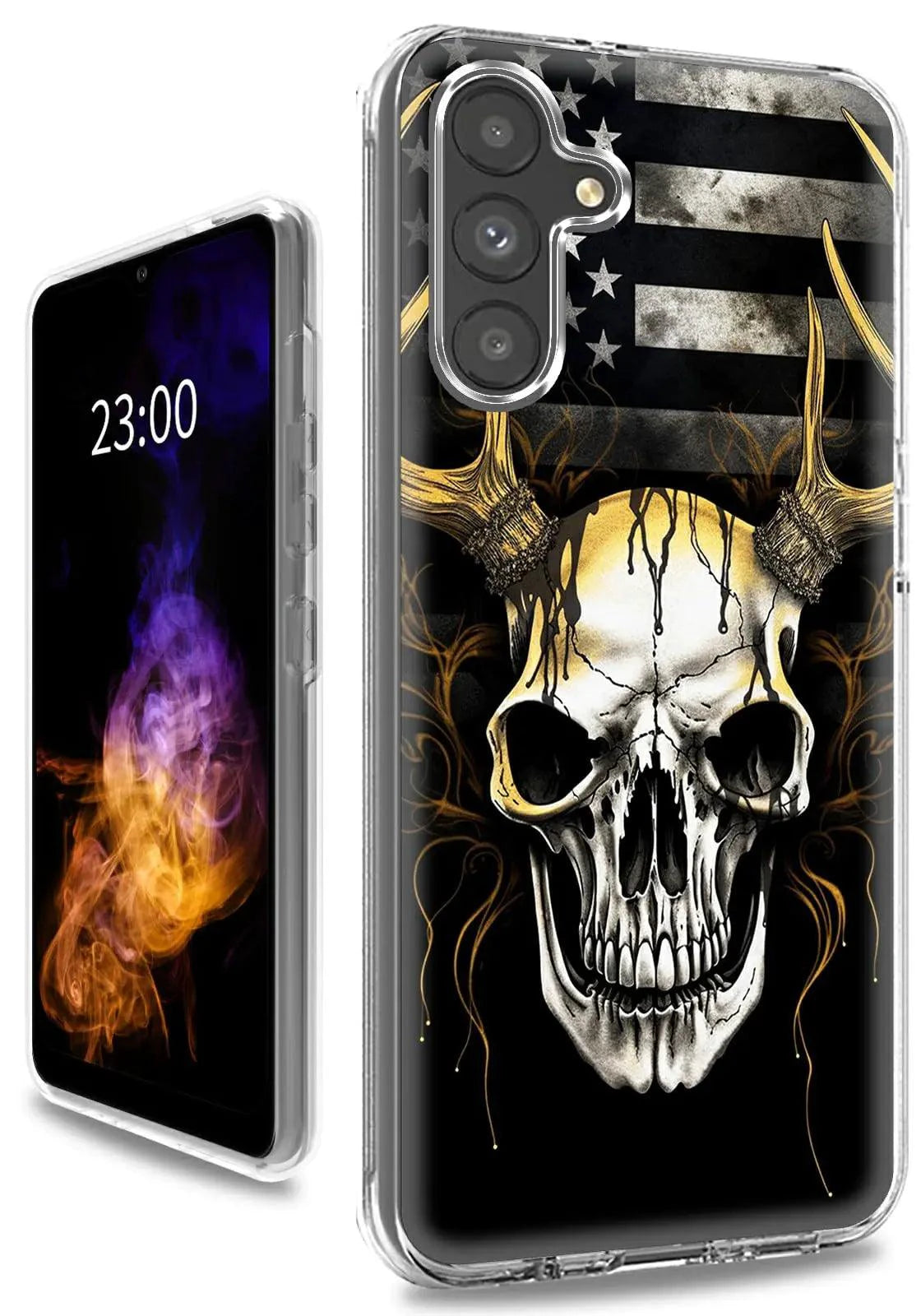 Mandotos ClearView DualGuard case with bold American flag and skull design for Samsung A13 5G phone.