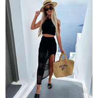 Mandotos Coastal Chic beach knit skirt set showing a comfortable, stylish summer outfit with a skirt and top in soft knit fabric.