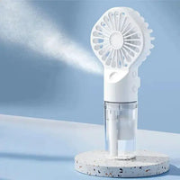 Mandotos Compact Hydrating Mist Fan showing a portable fan with mist spray and adjustable settings for cooling and hydration.