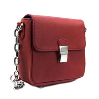 Mandotos compact leather crossbody handbag in Cabernet with adjustable strap and gold-tone hardware.