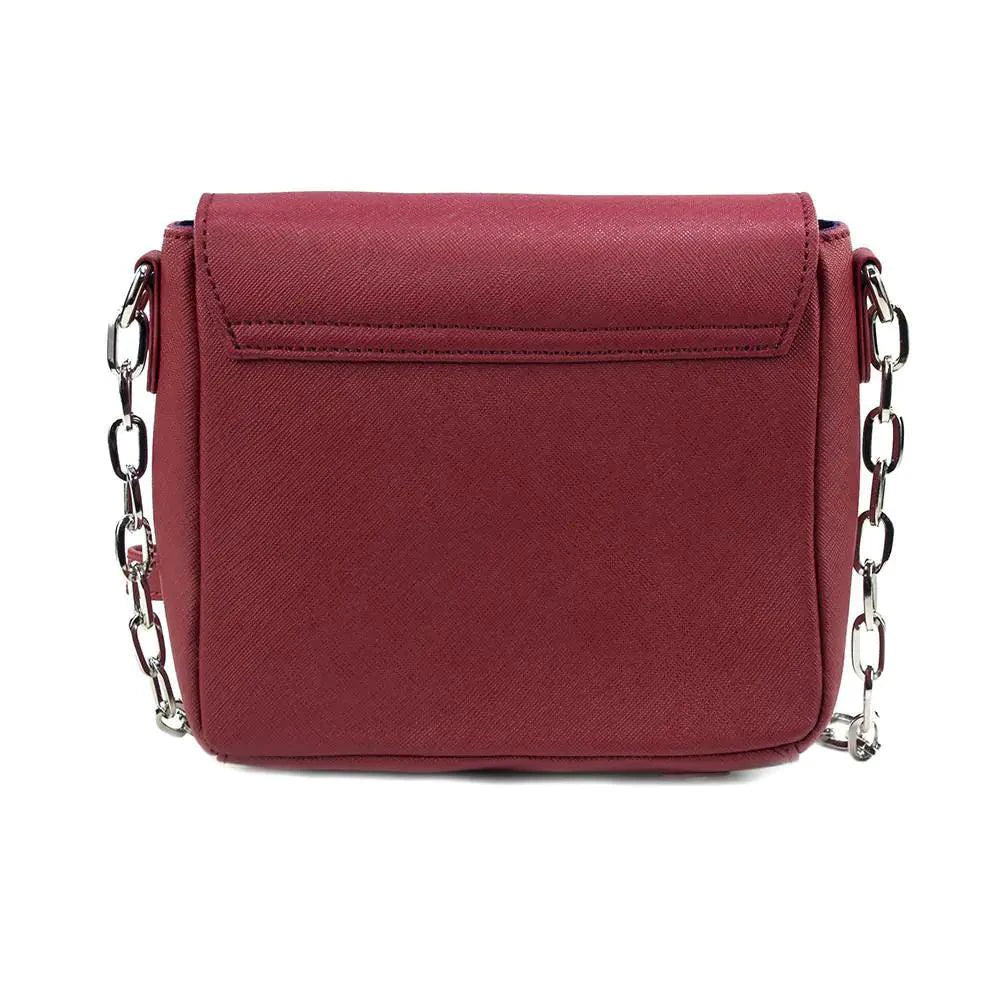 Mandotos compact leather crossbody handbag in Cabernet with adjustable strap and gold-tone hardware.