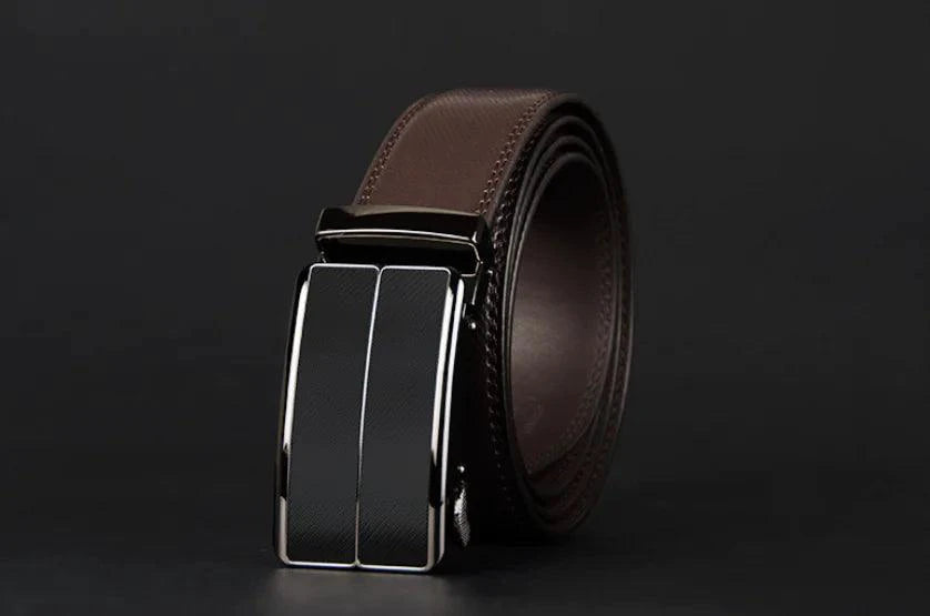 Mandotos contemporary leather belt with a sleek design, featuring a silver buckle and smooth brown leather finish.