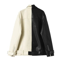 Mandotos contrast vegan leather jacket featuring a sleek design and stylish collar, shown on a model.