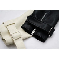 Mandotos contrast vegan leather jacket with stylish design and sleek black and white color block details.