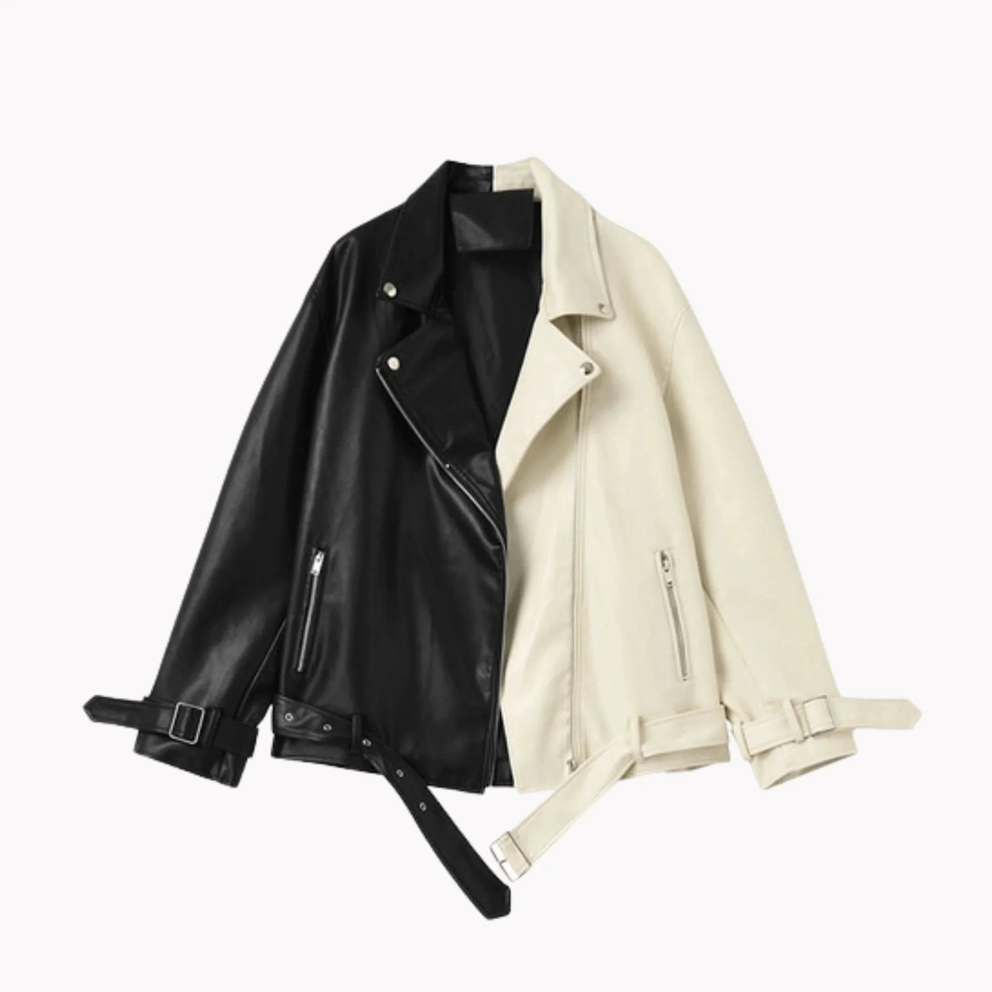Mandotos contrast vegan leather jacket with stylish design, featuring black and white panels, shown on a model.